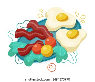 Breakfast plate with eggs, bacon, tomatoes and lettuce leaves. Vector flat isolated illustration