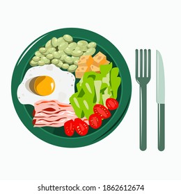 Plato de desayuno con huevos y bacon y verduras