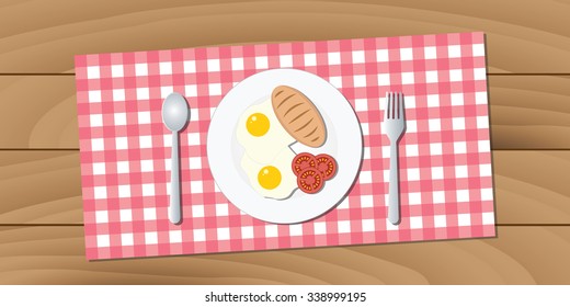 breakfast with plate, fork, spoon, egg, bread, and tomato