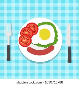 Breakfast, plate with fried egg and sausage. Flat style. The view from the top. Cartoon.