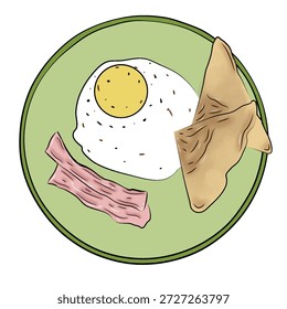 Un plato de desayuno con un huevo frito, una tira de tocino y tostadas.