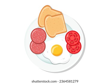 Breakfast Plate with Fried Egg, Tomato Pepperoni and Toasted Bread Vector Flat Design