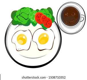 breakfast,  Plate with fried eggs , glass of hot coffee, kitchenware set ,  Vector illustration cartoon flat icon isolated on white.
