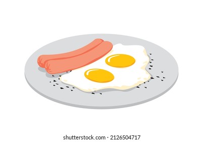 Breakfast. A plate with fried eggs and two sausages. Vector image for prints, poster and illustrations.
