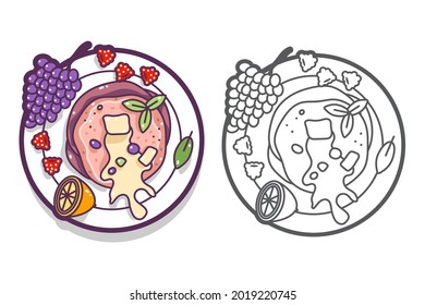 Breakfast plate with pancakes and fruits vector cartoon top view icon isolated on a white background.
