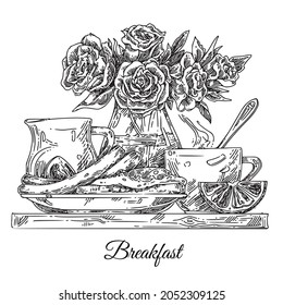 Breakfast. Plate with sausage, bread and eggs. Cup coffee, jar with milk and vase with bouquet roses.  Sketch. Engraving style. Vector illustration.