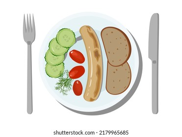 Breakfast plate with sausage, bread, tomatoes, cucumber and cutlery. Vector illustration 