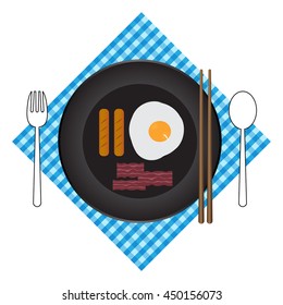 Breakfast plate with sausage and egg. Flat style vector illustration. 