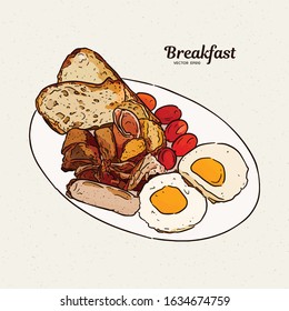 Breakfast plate with sausages, eggs, ham, toast, grilled potatoes and bacon. hand draw sketch vector.