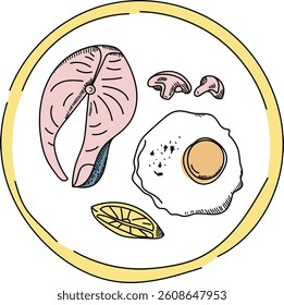 A breakfast plate sketch featuring a fish fillet, fried egg, mushrooms, and a lemon slice in a cartoon style. The illustration depicts a morning meal with seafood and sides