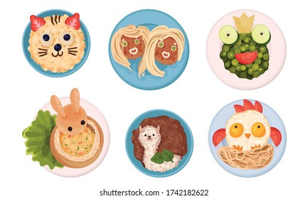 Breakfast Plating with Food Arranged in Childish Animal Shapes Vector Set
