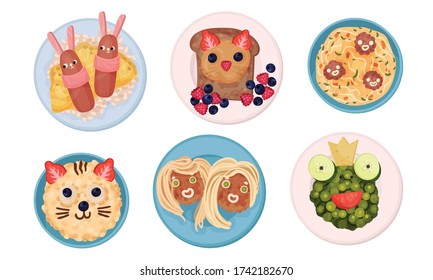 Breakfast Plating with Food Arranged in Childish Animal Shapes Vector Set