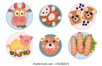 Breakfast Plating with Food Arranged in Childish Animal Shapes Vector Set