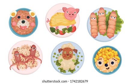 Breakfast Plating with Food Arranged in Childish Animal Shapes Vector Set
