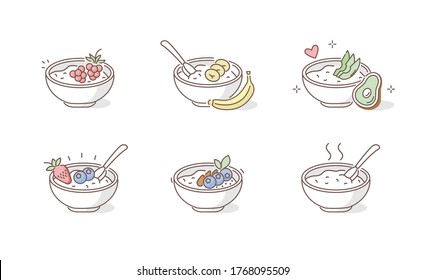 Breakfast Porridge Bowls Icons. Oatmeal with Different Fruits and Berries. Sliced Banana, Avocado, Strawberry and other Porridge Toppings. Healthy Food Concept. Flat Vector Illustration and Icons set.