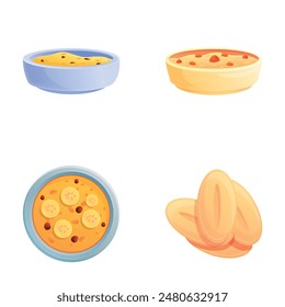 Breakfast porridge icons set cartoon vector. Fresh oatmeal with fruit. Food, healthy eating