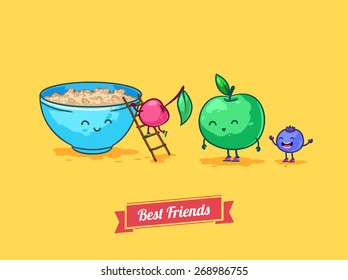 Breakfast Porridge Oatmeal with berries. Best friends set. Vector illustration