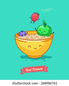 Breakfast Porridge Oatmeal with berries.   Best friends. Vector illustration