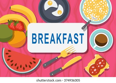 Breakfast Poster banner with with coffee time corn flakes. Vector illustration.