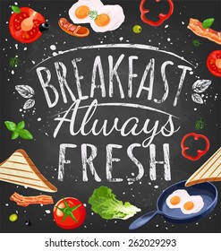 breakfast poster chalkboard fried eggs sausage on pan ingredients for breakfast. Vector illustration