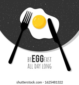 Breakfast poster design, fried eggs background.   Modern minimalist illustration in flat cartoon style with a pun saying