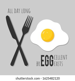 Breakfast poster design, fried eggs background.  Modern minimalist illustration in flat cartoon style with a pun saying