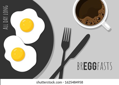 Breakfast poster design, fried eggs background.  Modern minimalist illustration in flat cartoon style with a pun saying