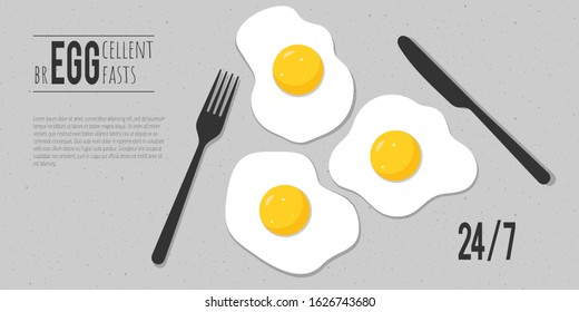 Breakfast poster design, fried eggs background. Restaurant advertisement, menu, banner template. Modern minimalist illustration in flat cartoon style with a pun saying