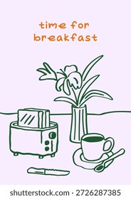 Breakfast poster design. Hand-drawn doodle scribble card in Italian Dolce vita style. Bread toasts in toaster, coffee cup, flowers in vase on morning table, sketch drawing. Flat vector illustration