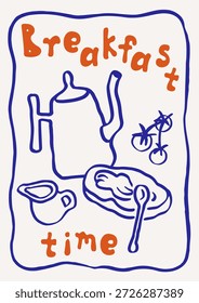 Design de cartaz de café da manhã em estilo doodle Dolce vita desenhado à mão. Comida e bebida matutina, cartão de cozinha. Pão, chaleira, vegetal, jarro de leite, desenhos de esboço em quadro. Ilustração de vetor plano