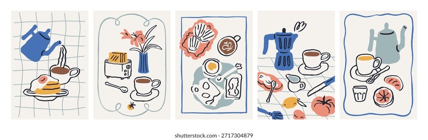 Conjunto de diseños de póster de desayuno. Tarjetas italianas Dolce vita con comida y bebida, taza de café, moka pot, panqueques, tostadas, queso, flores. Bocetos de cocina acogedores en estilo doodle. Ilustraciones vectoriales planas