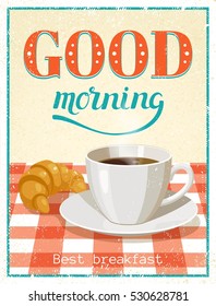 Breakfast poster with drawn cup of coffee and croissant on red checkered tablecloth with decorative text vector illustration