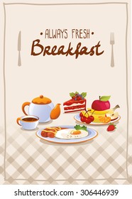 Breakfast poster with egg, fruits and tea.