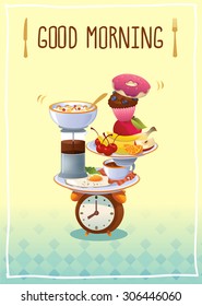 Breakfast Poster with eggs ,coffee, fruits and cupcake. Vector illustration.