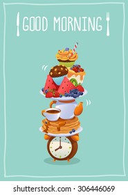 Breakfast Poster with eggs ,coffee, fruits and cupcake. Vector illustration.