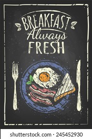 breakfast poster fried egg and bacon on blue plate. Vector illustration. Breakfast always fresh. 