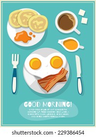 Breakfast poster with fried eggs bacon coffee icons and good morning text vector illustration