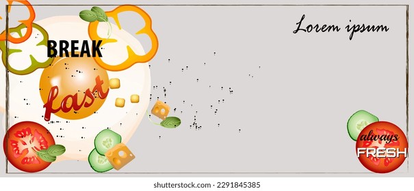 Cartel del desayuno. Huevos fritos y verduras frescas.  Ilustración vectorial. El desayuno siempre es fresco.