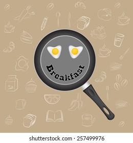 Breakfast Poster. Fried eggs on pan. Vector illustration.
