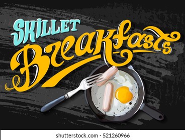 Breakfast Poster. Fried eggs and sausage on pan. Vector illustration. Always fresh