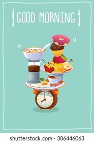 Breakfast Poster Good morning! With eggs ,coffee, fruits and cupcake. Vector illustration.