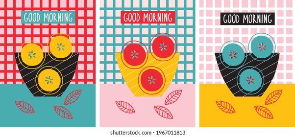 Desayuno Póster conjunto moderno de ilustraciones abstractas vector. Fresa, limón, frambuesas, frutas de verano. Afiche de la puesta de luz de la mañana. Estilo de mediados de siglo.