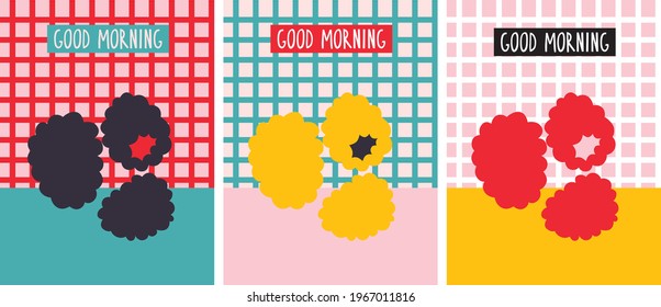 Breakfast Poster setzt moderne abstrakte Vektorgrafik. Erdbeeren, Zitronen, Himbeeren Sommerfrüchte. Guten Morgen ein Plakat. Der Stil des Mittelalters.