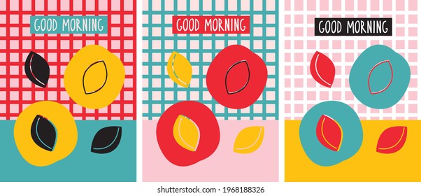 Desayuno Póster conjunto moderno de ilustraciones abstractas vector. Frutas de verano. Afiche de la puesta de luz de la mañana. Estilo de mediados de siglo.
