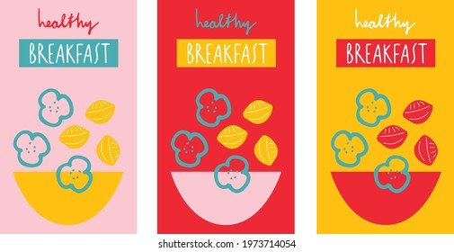 Breakfast Poster set with pear, strawberry, lemon fruits and cupcake. Vector illustration. Good morning set poster.