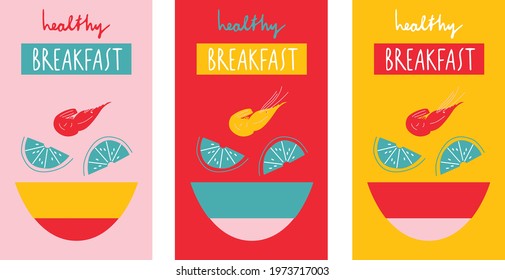 Breakfast Poster set with shrimp, lemon. Vector illustration. Seafood flat cartoon set poster.