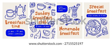 Breakfast posters set. Cafe flyer card designs, placards in modern doodle style with coffee, pancakes, egg and morning snacks, food and drink offers, whimsical typography. Flat vector illustrations