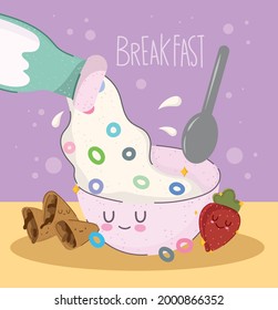 Frühstück, das Milch auf Getreidekuchen gießt