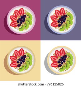 Breakfast Power Bowl - Easy and healthy morning meal. Yogurt, fresh fruit and berries nicely arranged in a bowl with granola, chia seeds and goji berry. Top view vector illustration with color option 