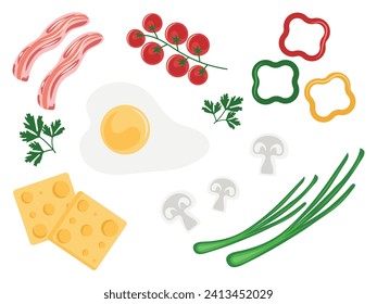 Breakfast products. Designer of dishes from various ingredients. Scrambled eggs, cheese, tomatoes, mushrooms for breakfast, snack. Vector set for preparing delicious dishes